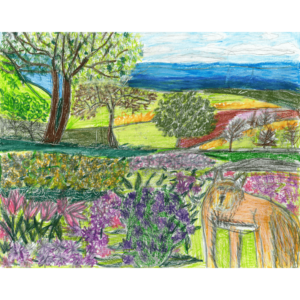 Spring drawing (dog in landscape) by Donna Esolen