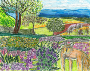 Spring drawing (dog in landscape) by Donna Esolen