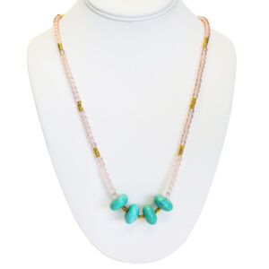Pink glass and dyed aqua beads necklace by Patrick Shea